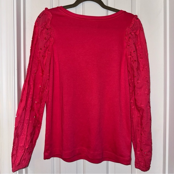 LOFT Pink Eyelet Round Neck Puff Long Sleeve Knit Top Shirt S - Picture 9 of 11